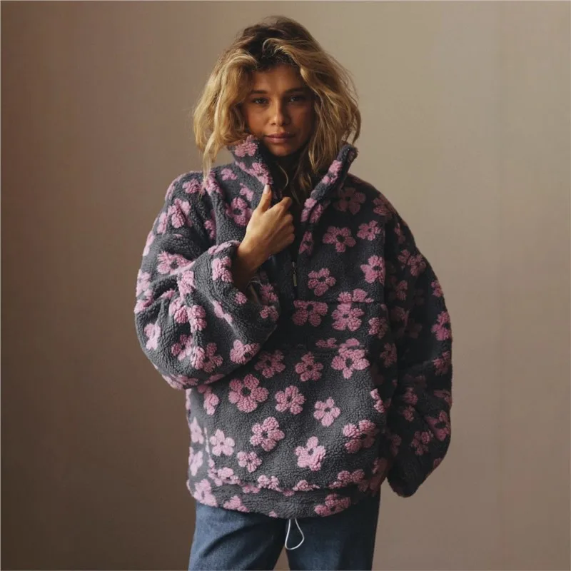 

New Autumn Winter Top Women's Sherpa Floral Pullover Half Zip Style Loose Fit Warm Stylish Sweatshirt