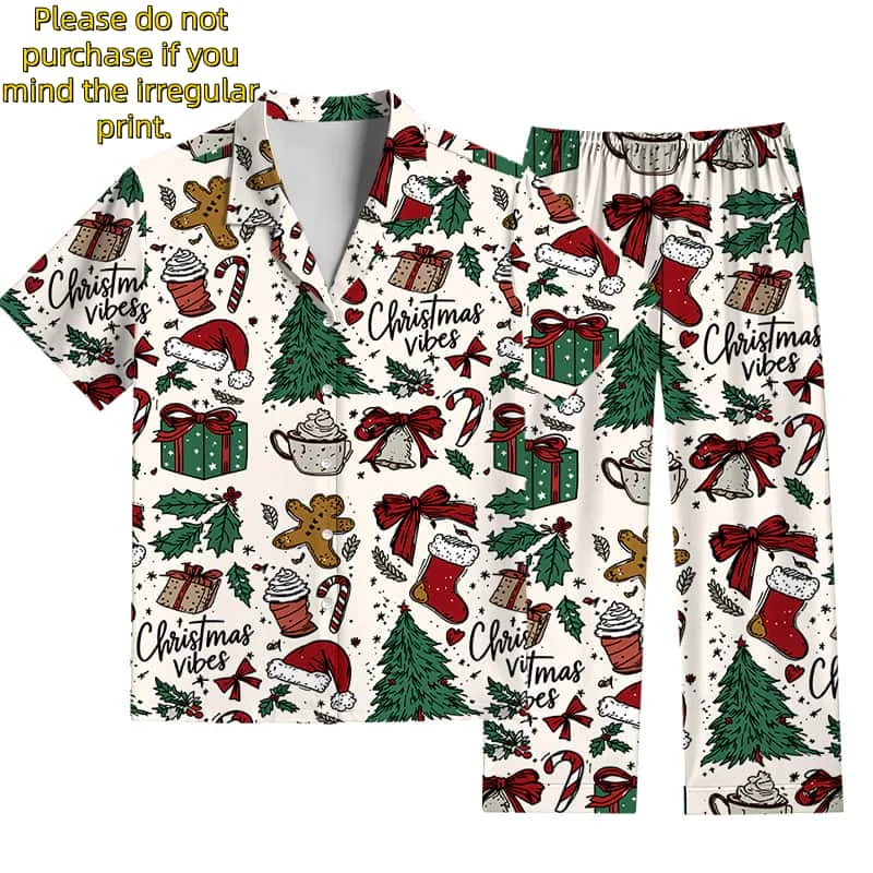 Matching Family Christmas Set: Shirt with Irregular All-Over Gingerbread Man & Christmas Tree Print and Lounge Pants