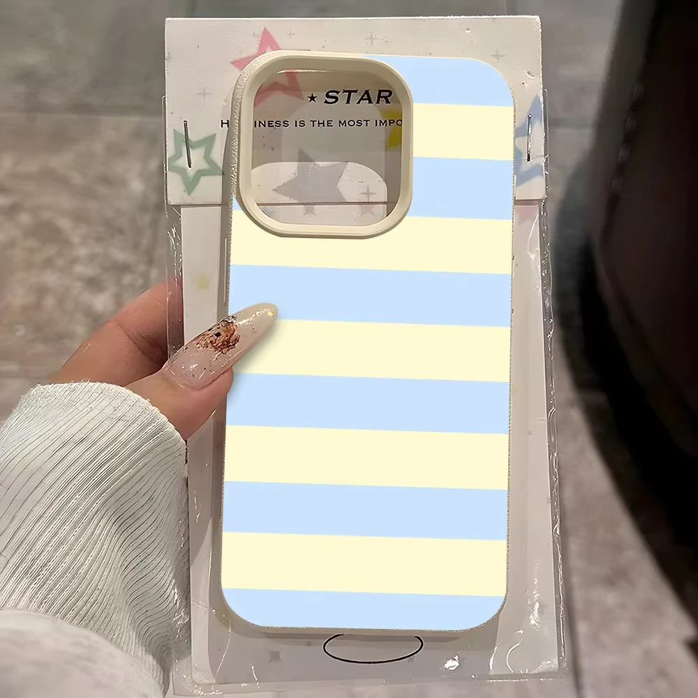 Funda de Teléfono Suave con Diseño de Rayas Crema Azul Claro y Textura Lichi para iPhone 11 12 13 14 15 16 17 Pro Max 17 Air 14 15 Plus X Xs XR