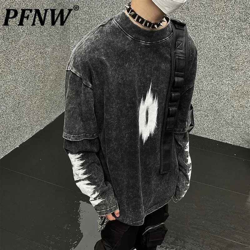 PFNW American Niche Design Fake Two-piece Vintage T-shirt Men's Round Collar Long Sleeved Print Loose Trendy Autumn Tops 28W4440