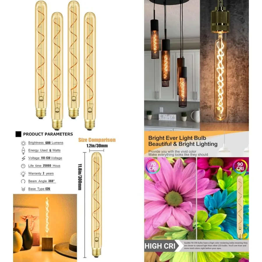 

Vintage LED Spiral Filament Bulb T10, 11.8inch Long Tubular Dimmable Edison Light Bulbs, E26 Base, Amber Glass, Warm White, 220