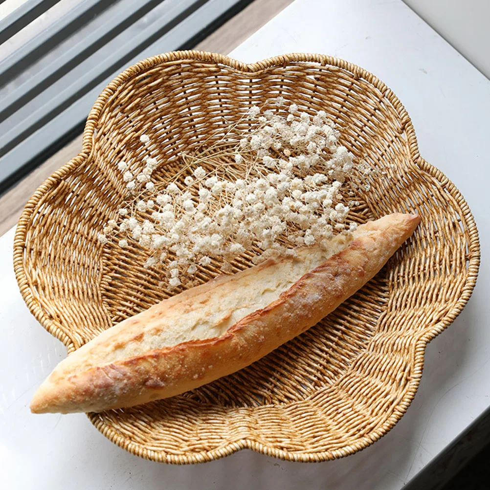 

Imitation Rattan Woven Fruit Basket Storage Tray Large Capacity Decorative Bread Holder for Home Kitchen Coffee Shop