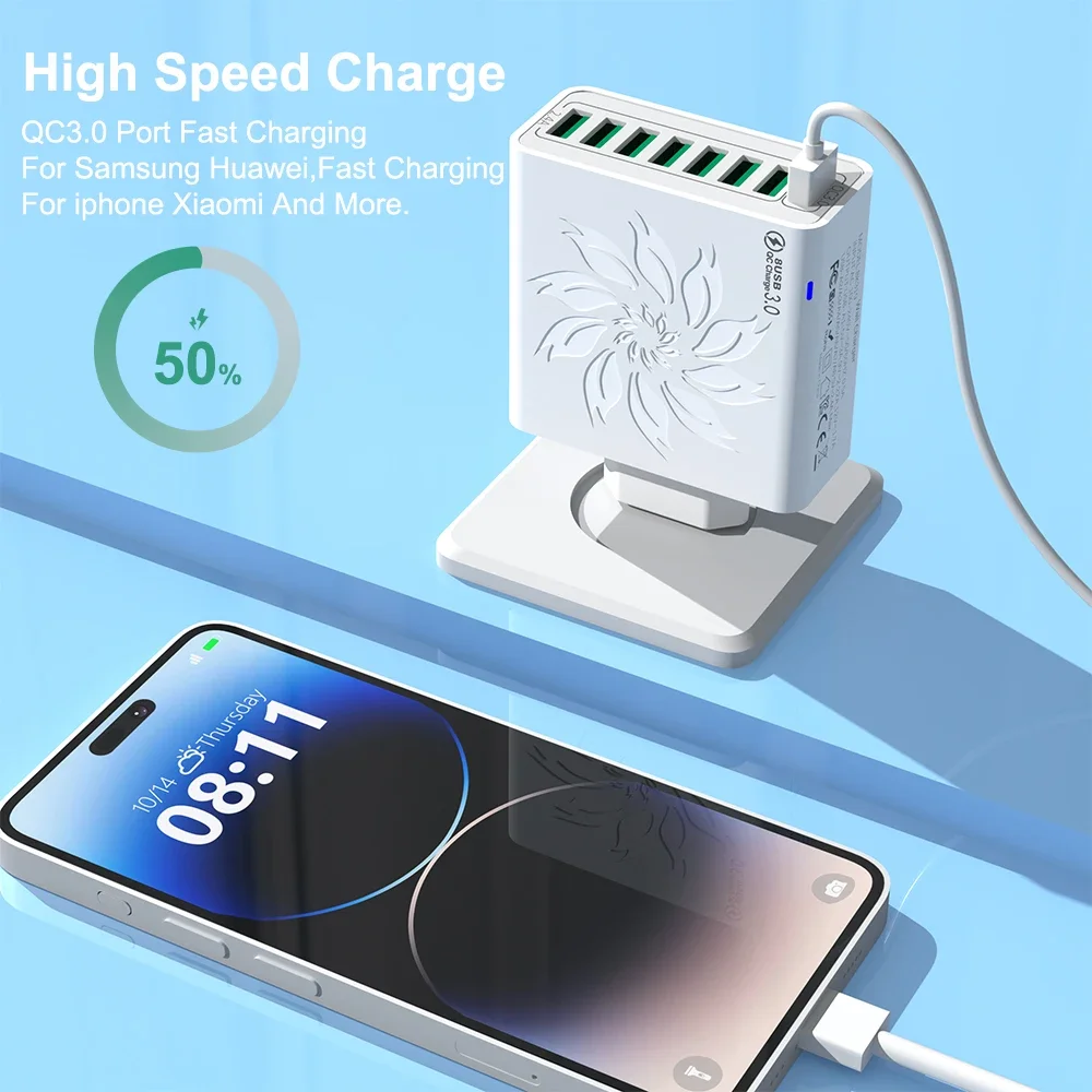 8 Ports USB Charger QC 3.0 65W Fast Charging Station EU Plug Multi Port Power Adapter with Smart IC for iPhone 15 Pro Max Xiaomi