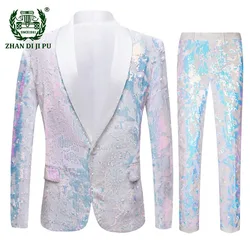 Mens Suit 2 Piece White Colorful Velvet Sequins Party DJ Club Dress Tuxedo Suit Blazer+Pants Stage Singer Wedding Suits for Men