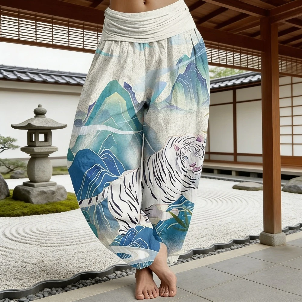 Women White Tiger Mountain Print Harem Pants Japanese Ukiyo-e Style Comfort Draping Elastic High Waist Yoga Loungewear Trousers