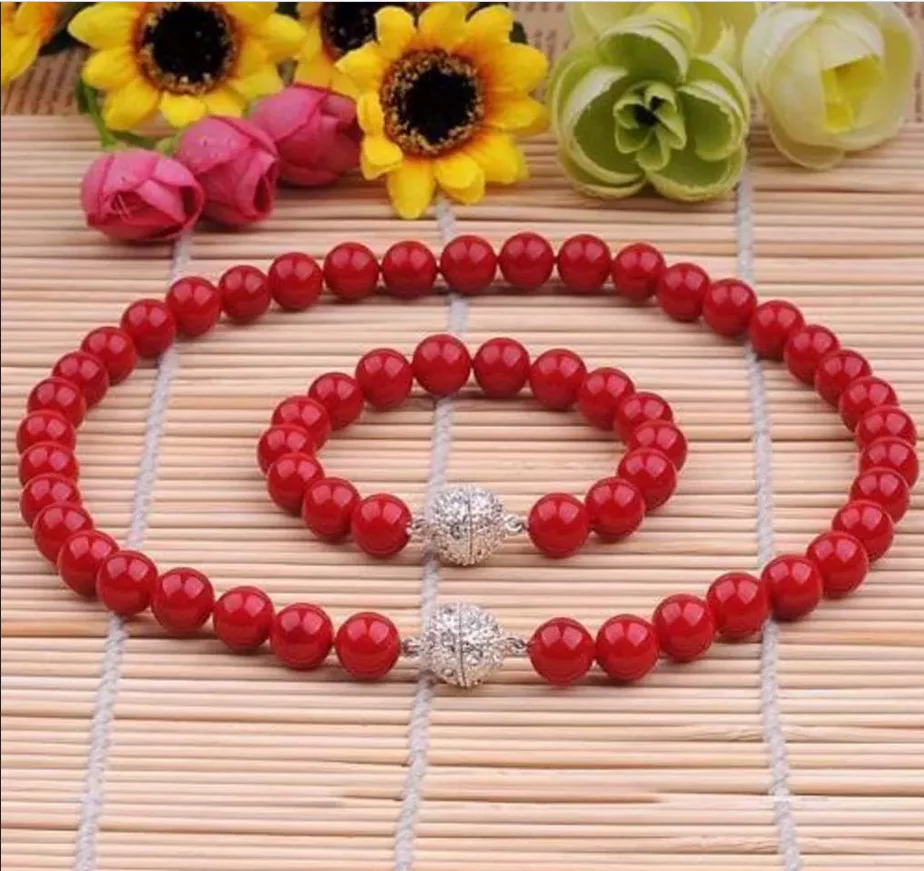 

New Jewelry Necklace 8MM GENUINE CORAL RED SOUTH SEA SHELL PEARL NECKLACE BRACELET JEWELRY SET 18''