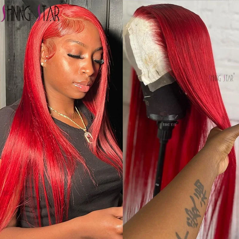 Hot Red Transparent 13X4 Lace Front Human Hair Wigs Burgundy 99J Colored Brazilian Straight Lace Frontal Wigs Pre Plucked 30Inch