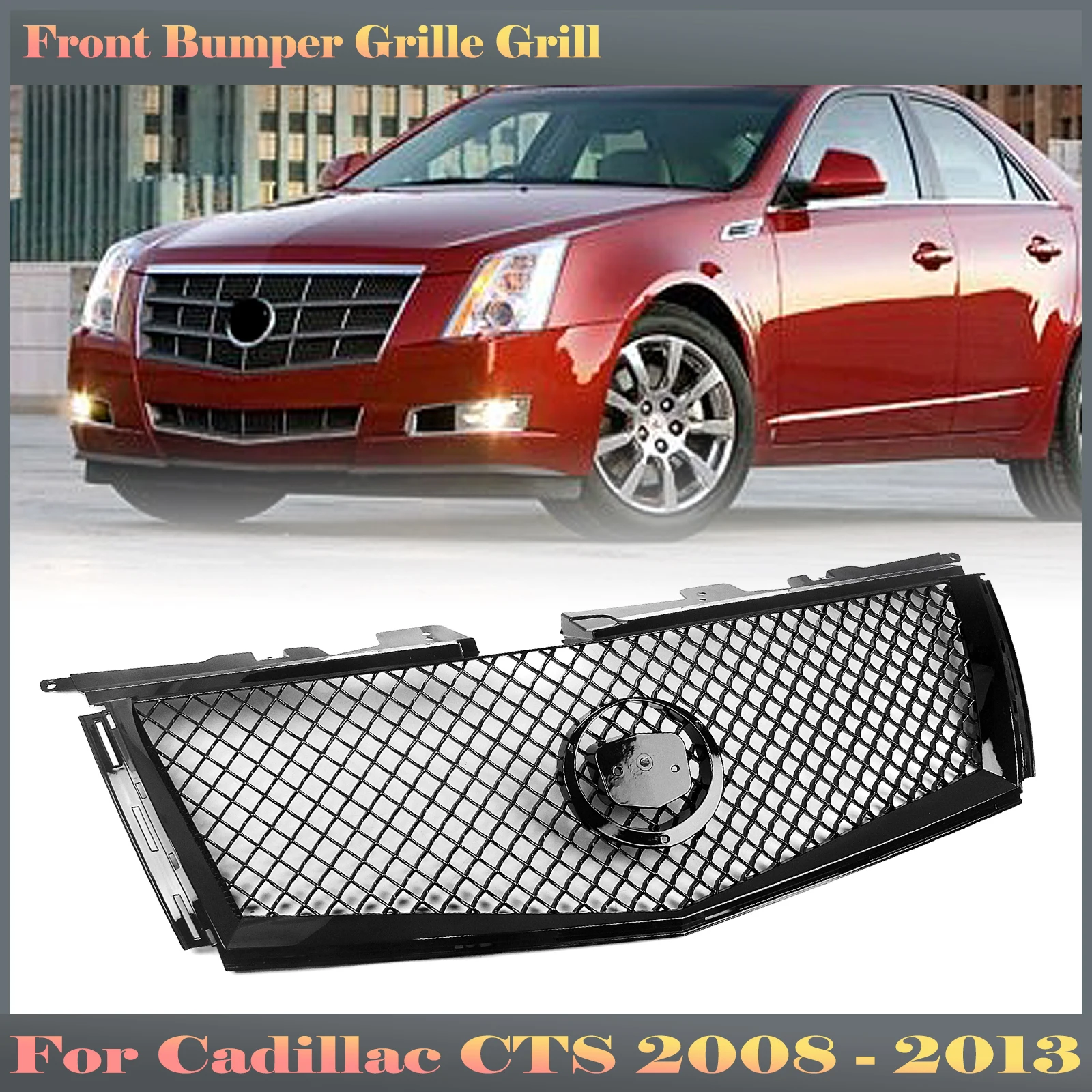 For Cadillac CTS 2008 2009 2010 2011 2012 2013 Body Kit Front Grille Grill Honeycomb Style Black Car Upper Bumper Hood Mesh Grid