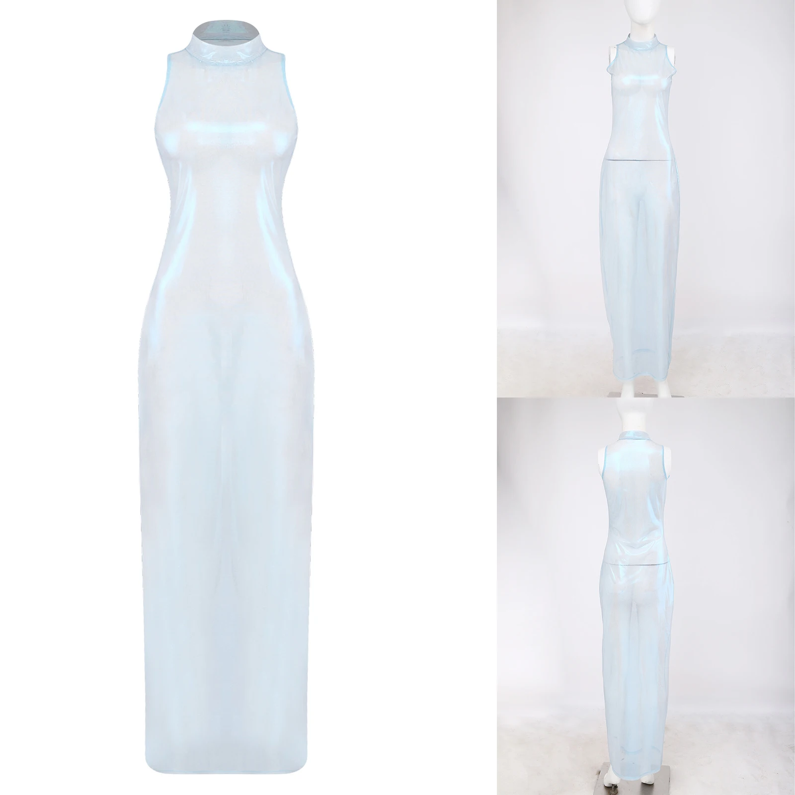 Robe longue moulante transparente métallisée brillante pour femme, col montant, sans manches, idéale pour les soirées et les clubs, style crayon, parfaite comme tenue de plage ou de plage.