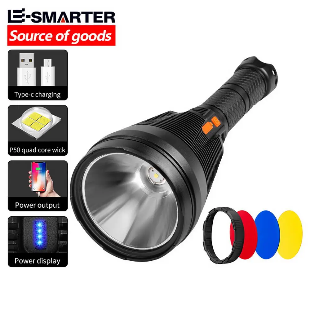 

P50 LED Flashlight Replaceable Yellow Blue Red Lenses USB Rechargeable Torch Outdoor Portable Super Bright Long-range Searchligh