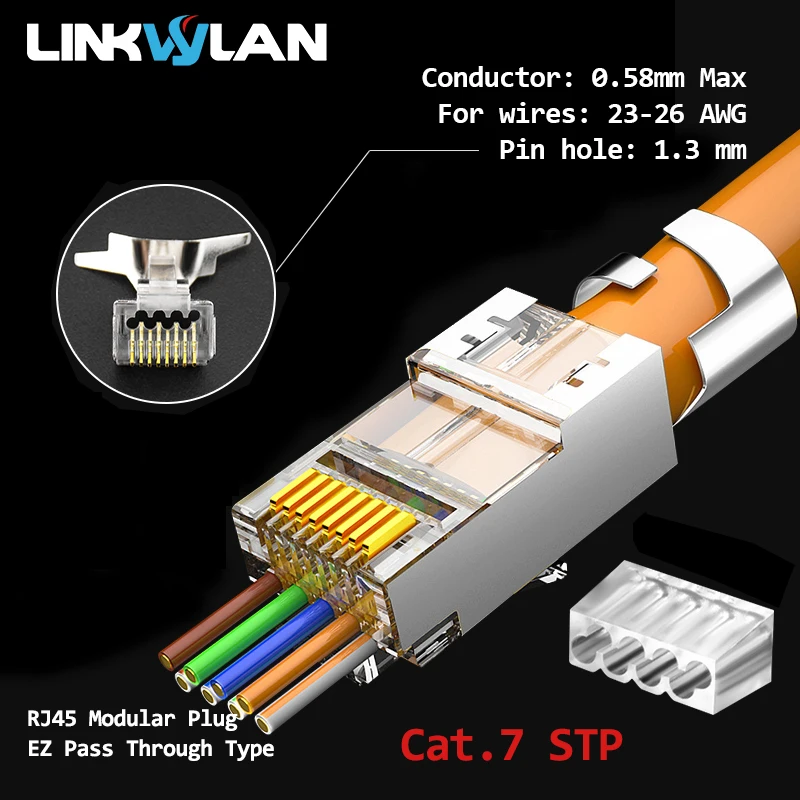 Linkwylan Cat7 Cat6 Cat5e UTP STP Pass Through Plug Network RJ45 Modular Connector 1.1/1.3/1.5mm Holes For Solid Stranded Cables