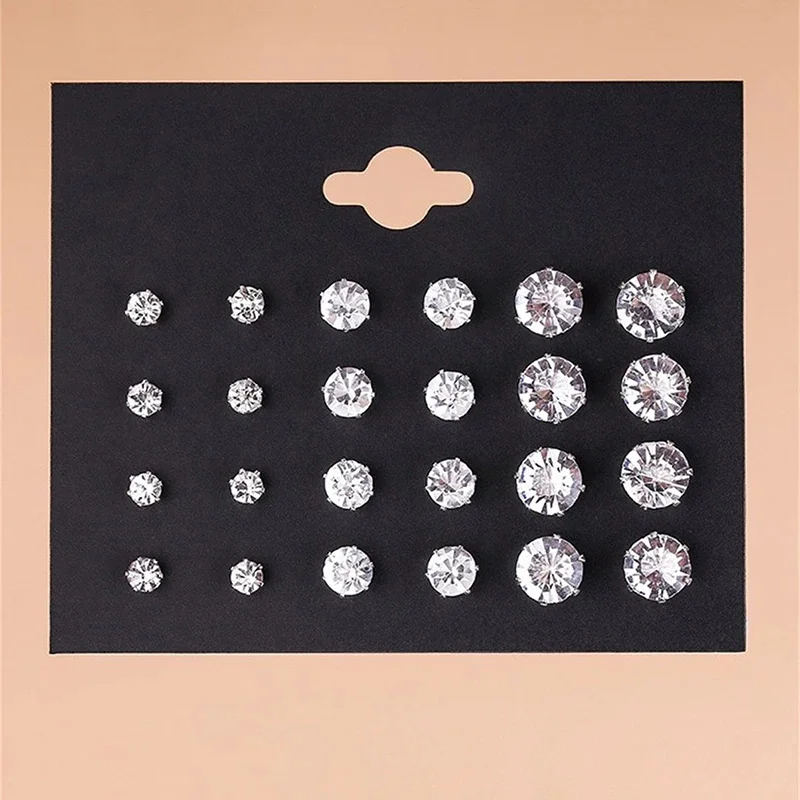 New 12 Pair/Pack White Shiny Wedding Stud Earrings Set For Women Men Crystal Earrings Jewelry Accessories Gifts