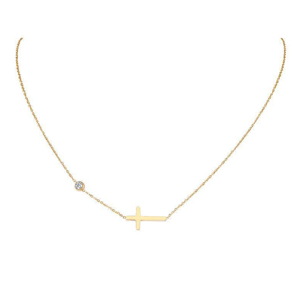 316L Stainless Steel 14k Gold Plated Cross Pendant Necklace Birthstone Tiny Sideway Cross Choker Necklace Gift for Women Girls