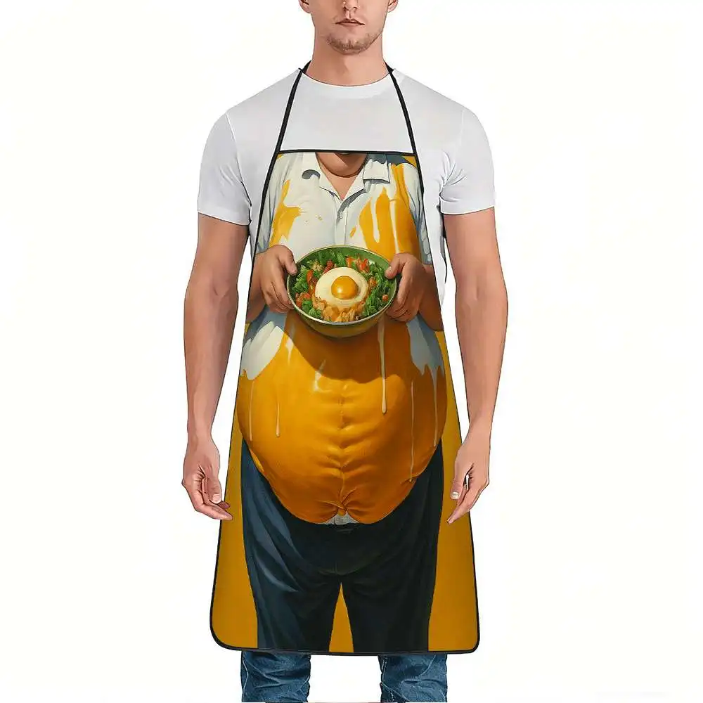 1pc Funny Egg Yolk & Salad Print Apron - Adjustable Waistband, Durable & Easy-Clean Polyester Apron Suitable for Kitchen Cooking