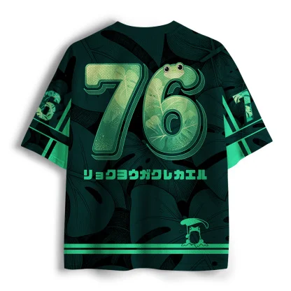 V Neck Mesh Short Sleeve Jersey, Cute Frog Monstera Leaves Japanese Text Print Loose Tee, Sport Top