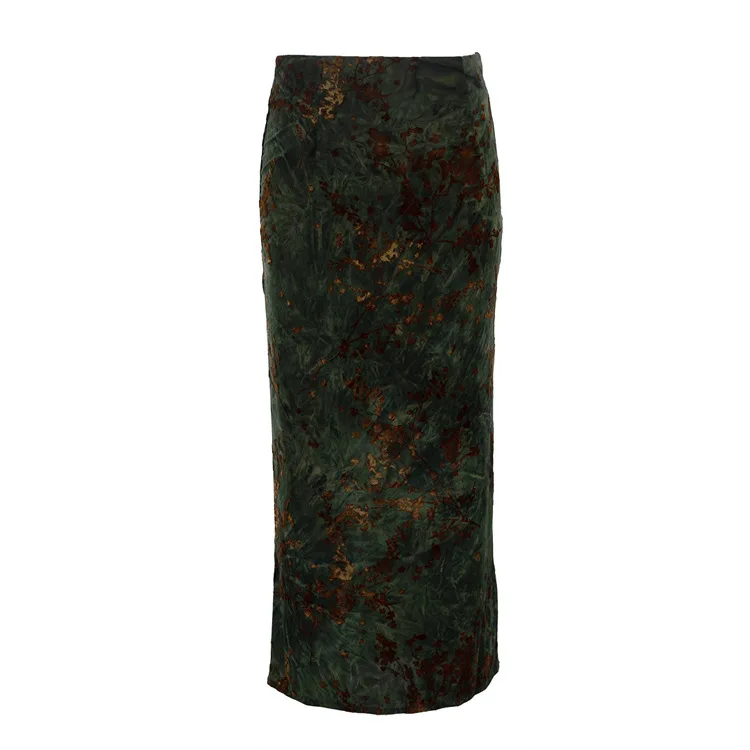 Damska sukienka w zielony wzór, jesienna, vintage, elegancka, z wysokim stanem, uniwersalna, dopasowana, ołówkowa spódnica z wysokim stanem.