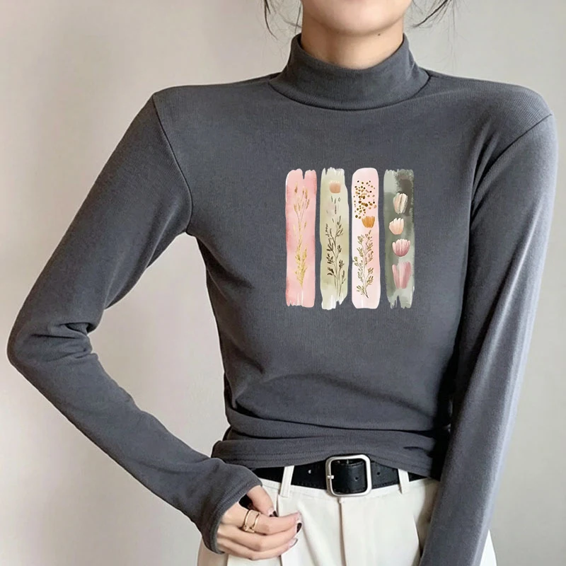 2026 New Autumn Winter Thermal Brushed Fleece Long Sleeve Graphic Print T shirt Blouses Female Warm Shirt Women Top