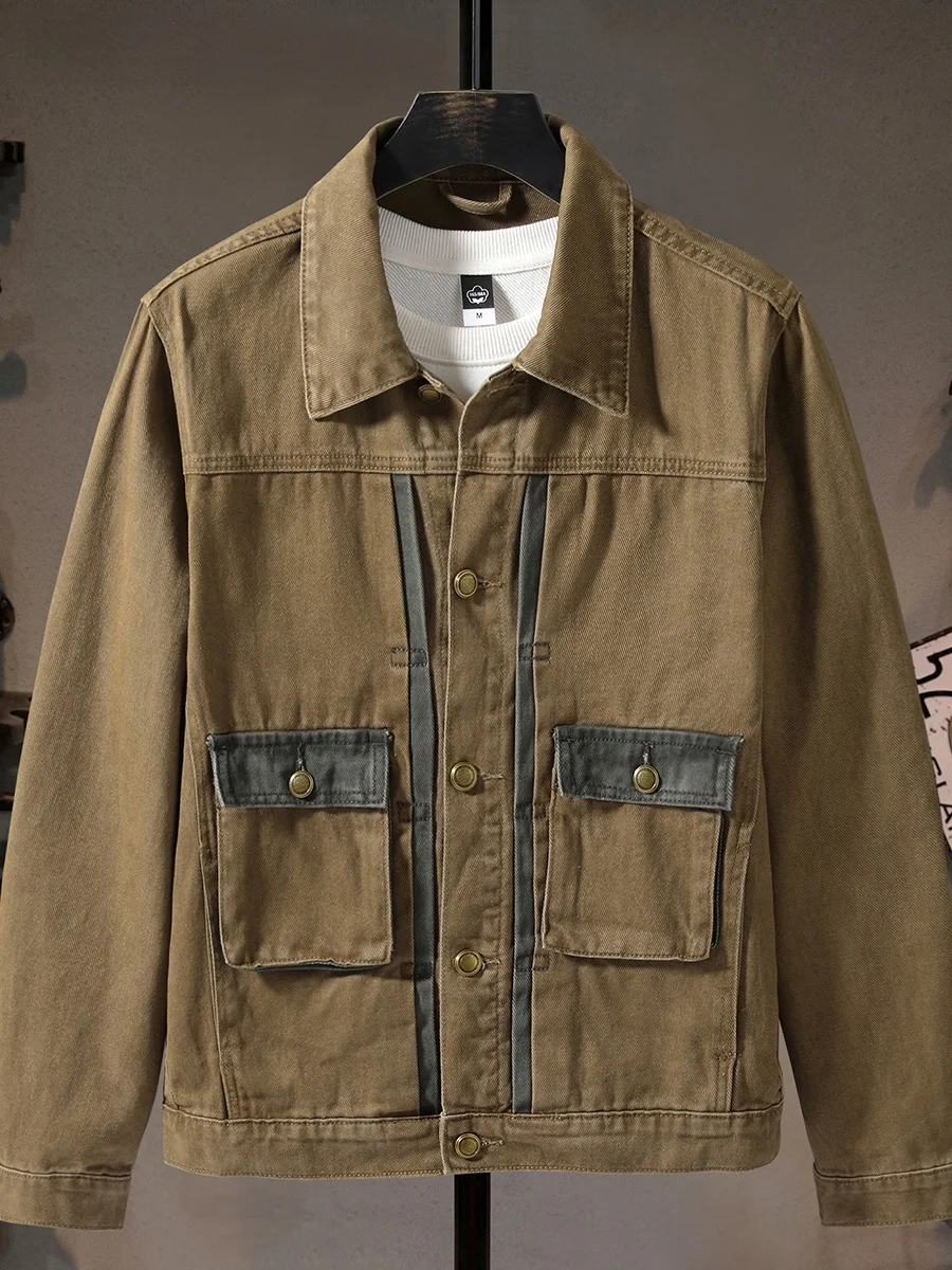 

Мужская джинсовая куртка в стиле ретро, плотная, с нашивками, премиум-класса, в американском рабочем стиле, повседневная, для активного отдыха