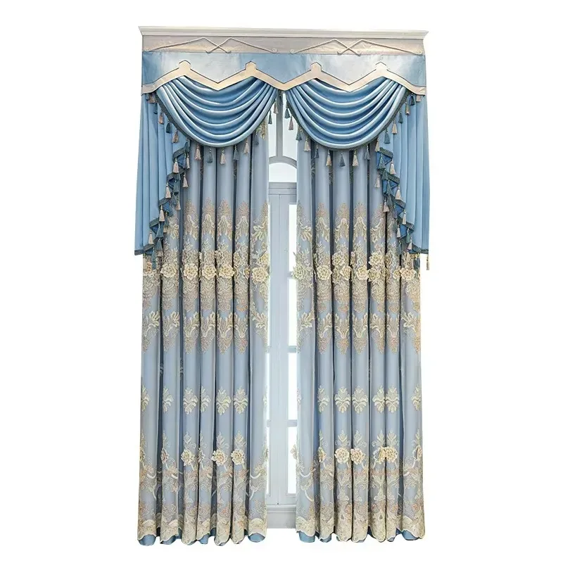 Modern Double Layer Transparent Fabric Blackout Curtain with Embroidery Full Light Blocking for Living Room Bedroom
