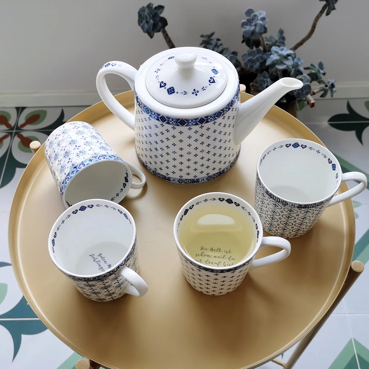 

Bone china teapot Nordic small fresh blue and white fruit afternoon tea coffee pot can be served with cups by microwave