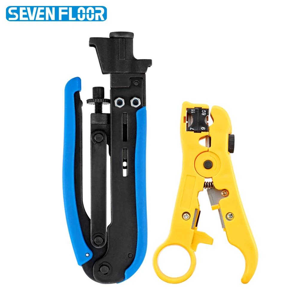 أداة ضغط RG6 طقم مكشكش كابل محوري RG6 RG11 RG59 مع 10 قطع موصلات ضغط F - أدوات تجعيد الكابلات