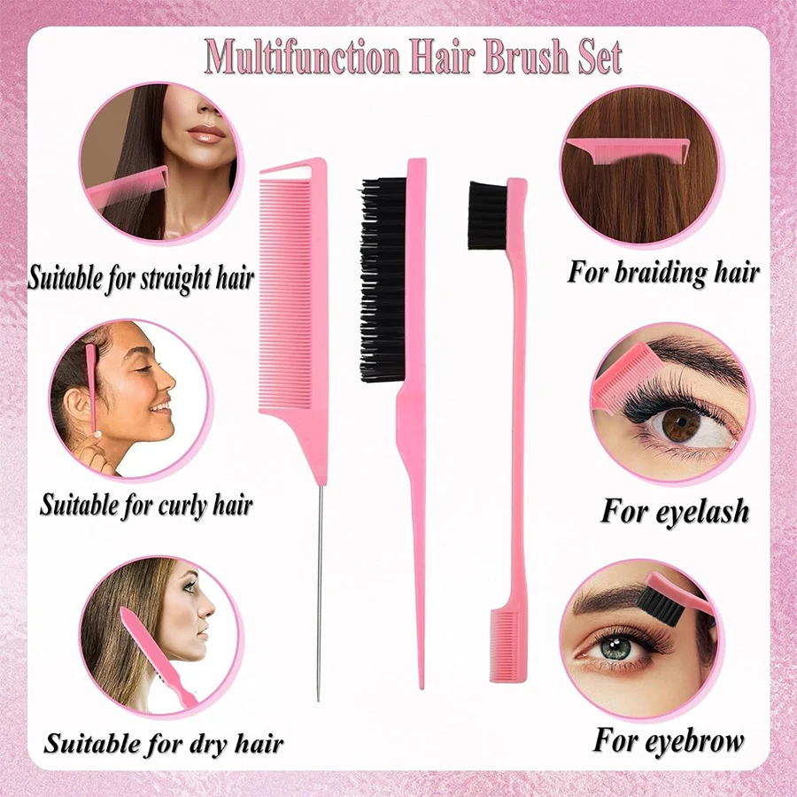 7pcs/set Hair Beauty Accessories Bristle Rat Tail Edge Comb Eyebrow Brush Braiders Ponytail Creator Water Sprayer Styling Set