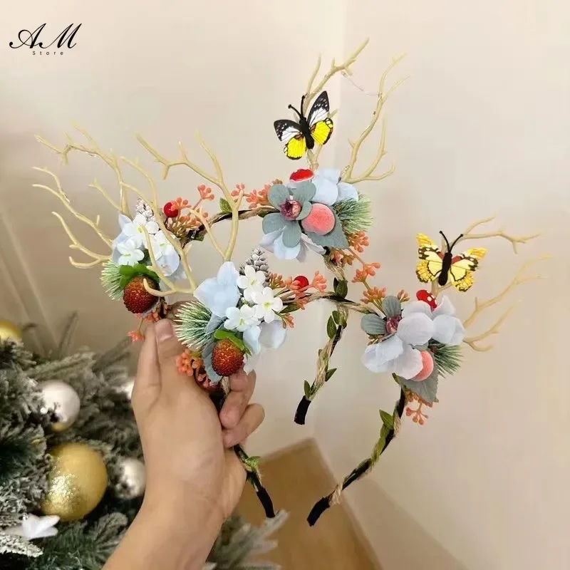 Christmas Headband Antlers Deer Horns Fairy Tale Flower Tree Branch Retro Hair Hoop Crown Festival Party Props Xmas Costume