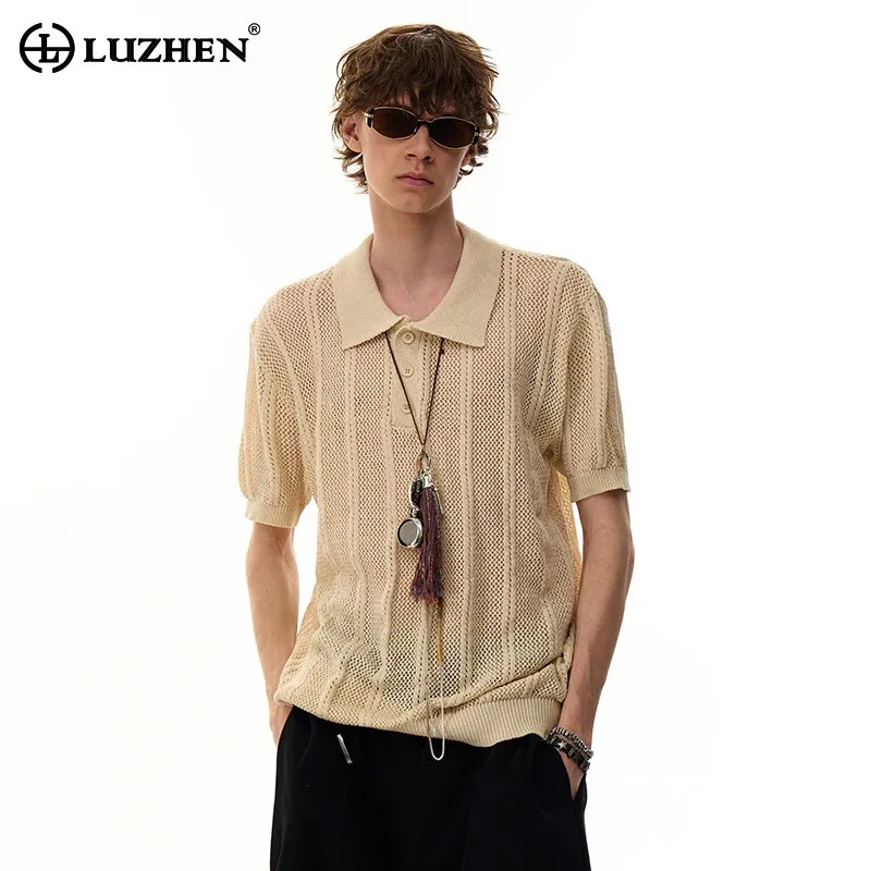 

LUZHEN Summer Fashion Elegant Mesh Hollow Short Sleeve Knitted Shirts Men's 2025 New Solid Color High Quality Casual Tops JY3288