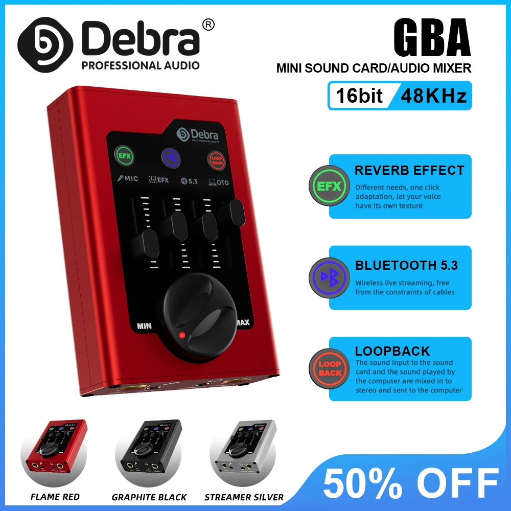 

Мини-звуковая карта Debra GBA, аудиомикшер с Bluetooth 5.0, 16 бит, 48Kシz, для веб-трансляций, групповых выступлений, студий записи