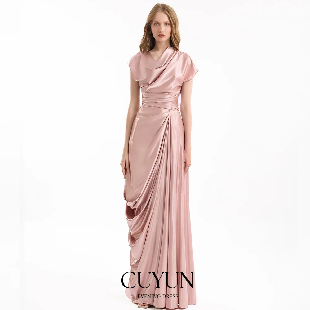

CUYUN Customized High Quality Pink Evening Dress 2026 Crew Collar Satin Draped Long Prom Party Gown for Women Floor-Length