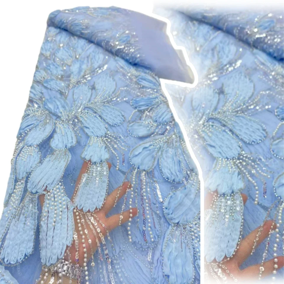 Tela africana de encaje con cuentas bordadas en 3D, tela de tul bordado de lentejuelas Frenc de alta calidad 2025, para costura de vestidos de fiesta SZ1746