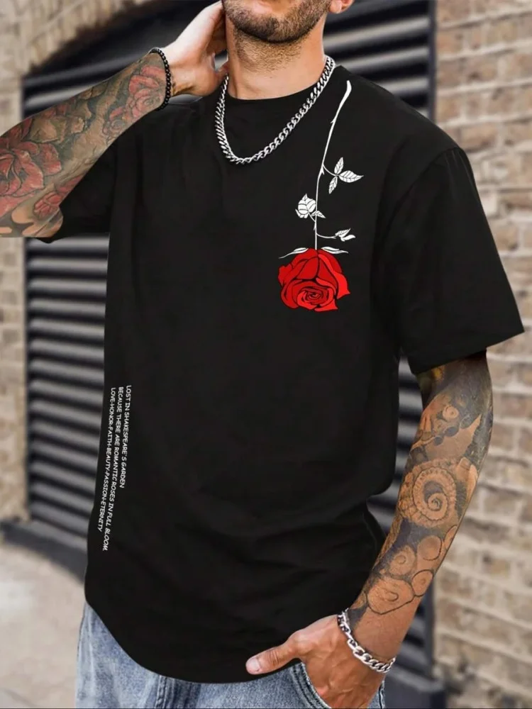 2025 New 3D Rose And Alphabet Print Men's Fitness T-shirt Urban Fashion Men's Short-sleeved Top Summer Everyday Casual Men's Top