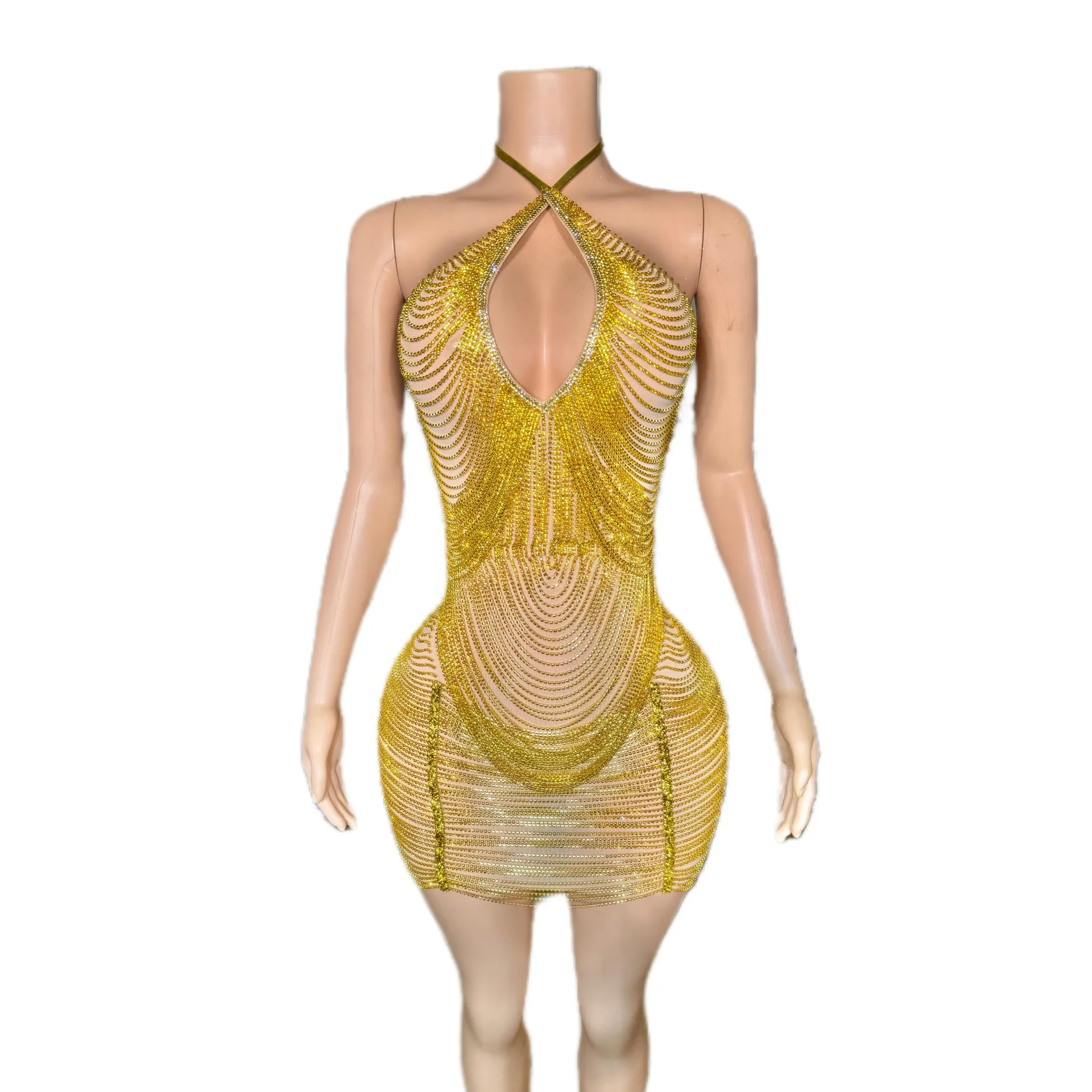 

Electronic Music Festival Nightclub Sexy Costume Women's Golden Chain Dress European and American Hip Skirt Halter Backless