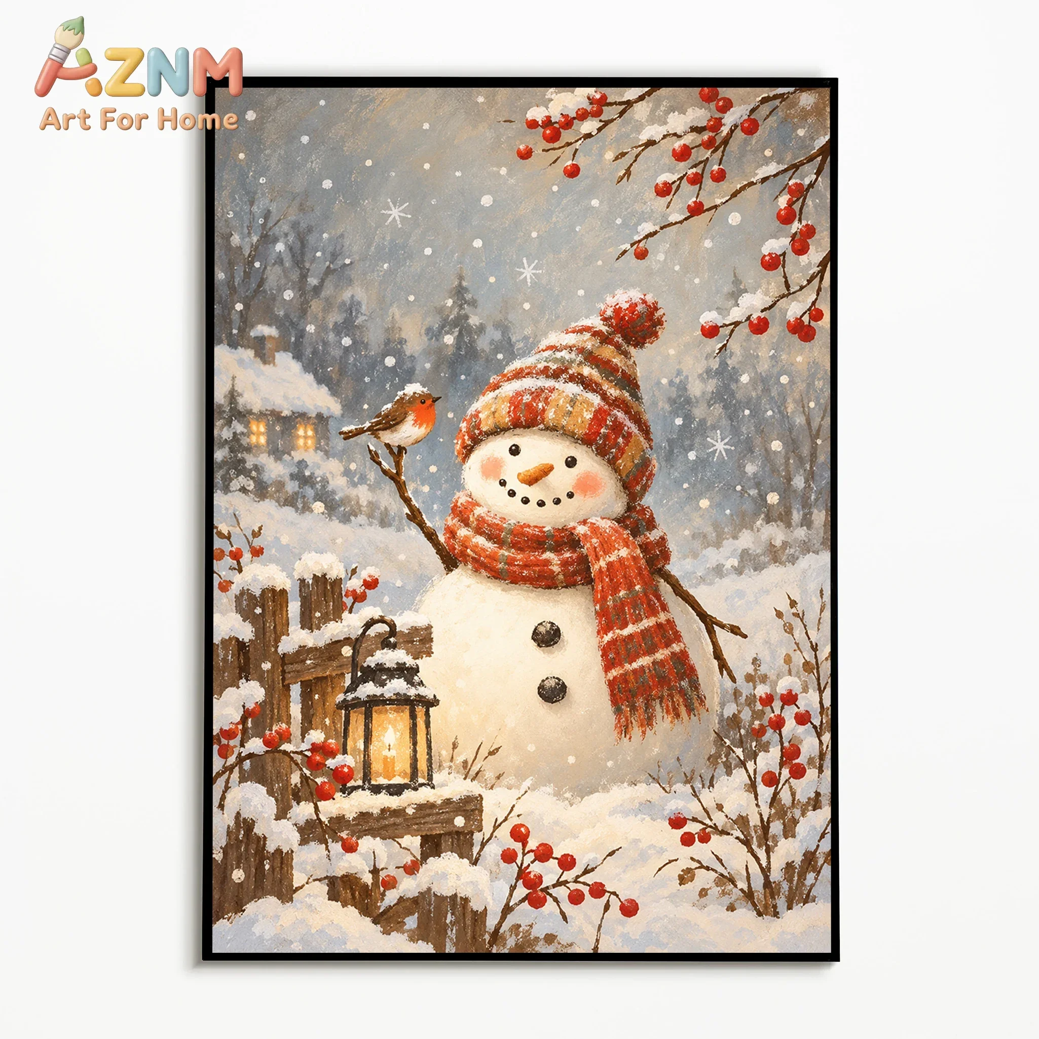 AZNM Vintage Snowman Canvas Wall Art Winter Snow Scene Robin Bird Lantern Xmas Print Painting Retro Christmas Holiday Poster for