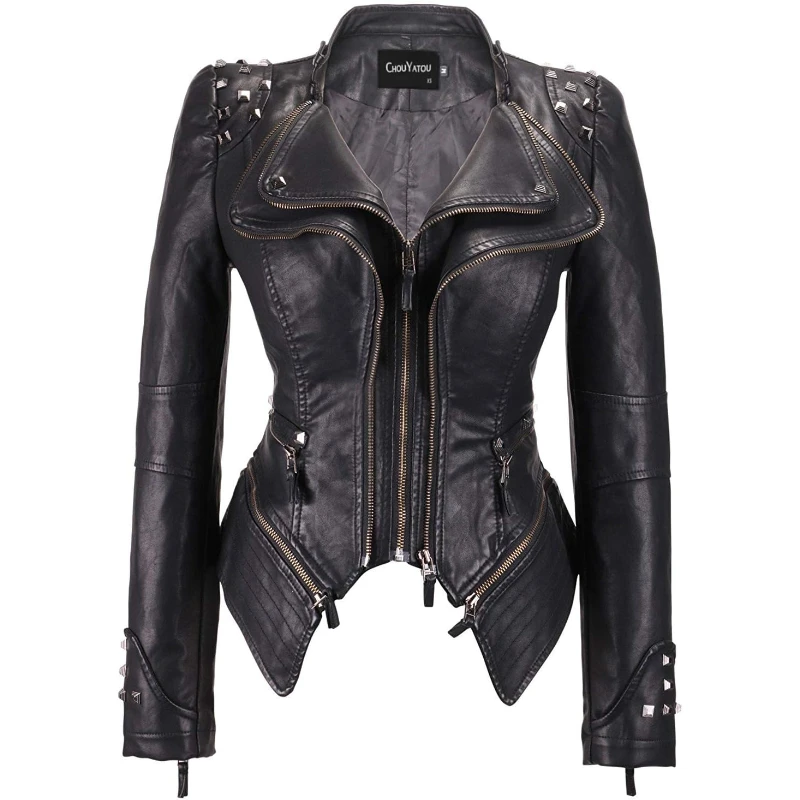 

Women's Fashion Studded Perfectly Shaping Rivet Faux Leather Biker Jacket