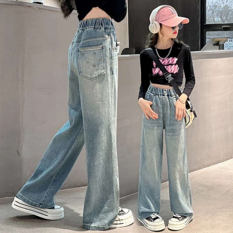 في سن المراهقة الفتيات الجينز الأطفال ربيع الخريف واسعة الساق الدنيم السراويل موضة جديدة للأطفال المطرزة الجيب الخلفي مستقيم بنطلون عادية