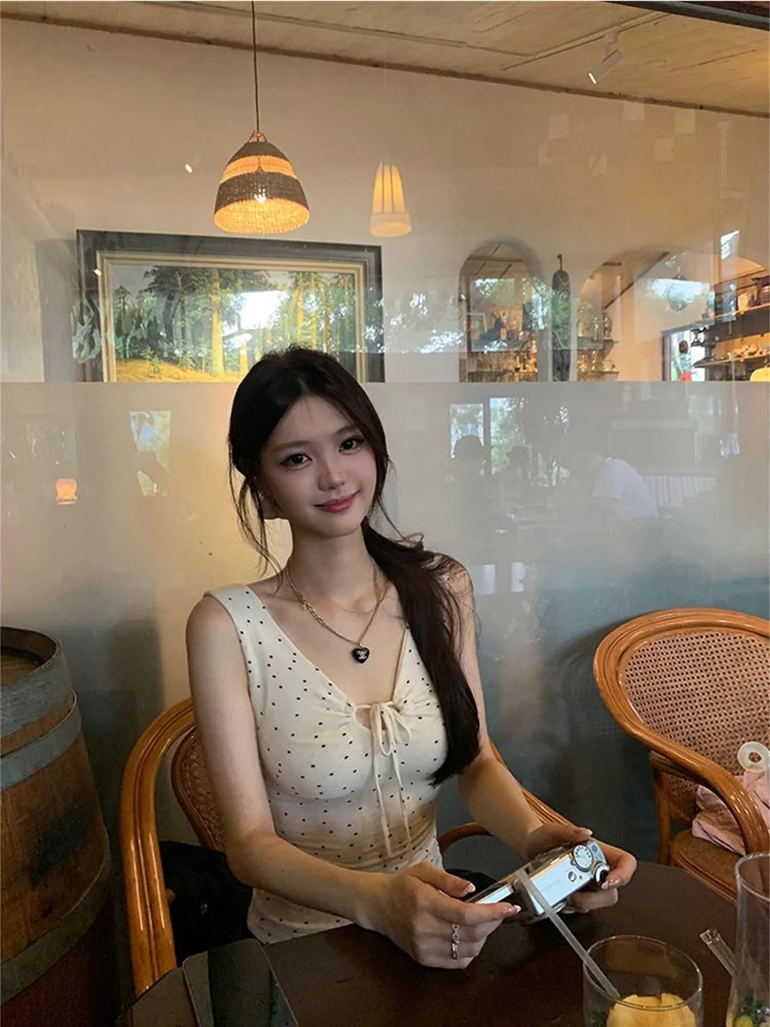 

American Style Polka Dot Knot Strap Vest Women's Slim Fit Summer Outerwear Sweet Spicy Girl Waist Cinching Slimming Top