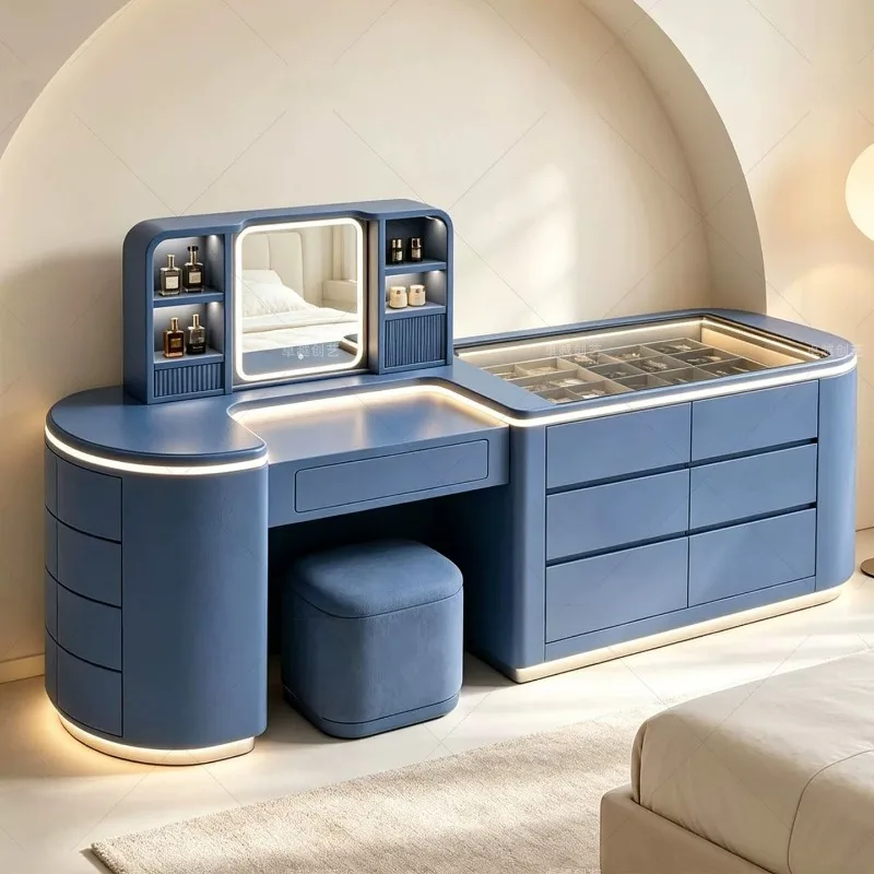 Italian light luxury wood leather dressing table, jewelry cabinet with mirror, villa storage cabinet integrated  dressing table