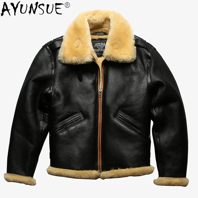 AYUNSUE Winter Jacket Men Clothing Genuine Sheepskin Leather Jackets Man Real Wool Fur Coat Male Motorcycle Clothes Veste LXR908