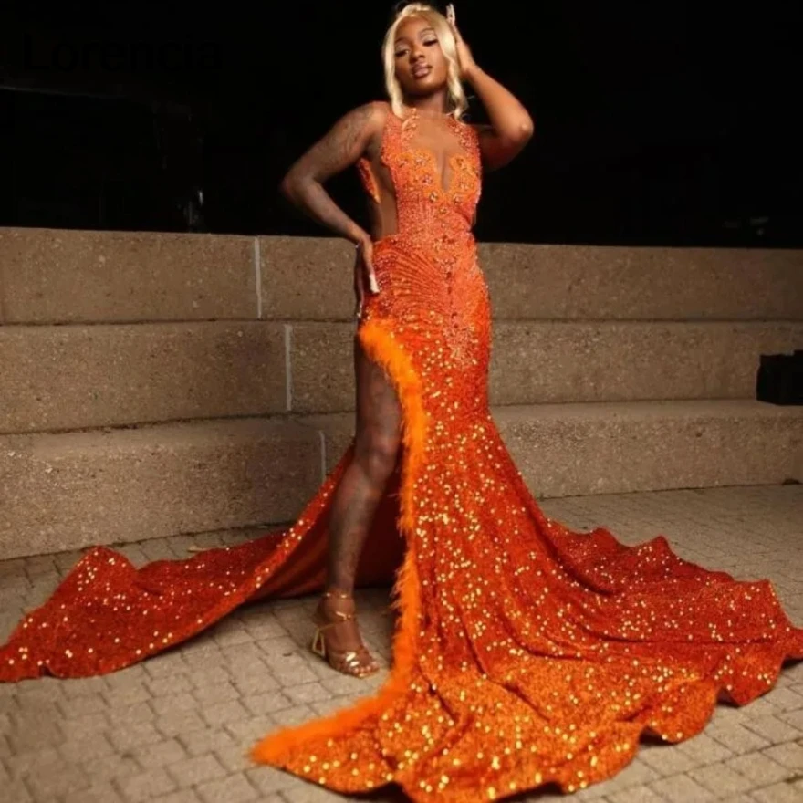 

Lorencia Sparkly Orange Mermaid Evneing Dress for Black Girl Diamond Velvet High Slit Prom Gala Formal Party Dress Wear YPD199