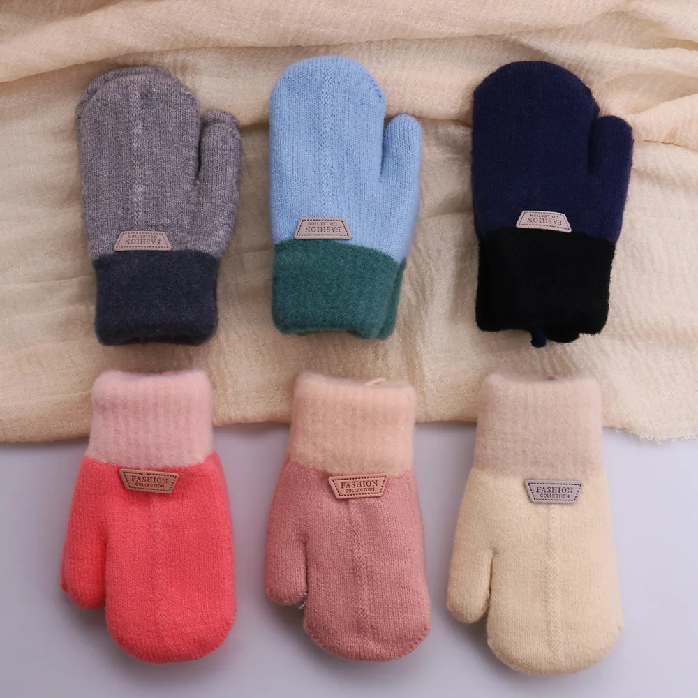 

4-8Years Baby Boys Girls Knitted Gloves Winter Thick Warm Full Finger Halter-neck Mittens For Children Toddler Kids Accessories
