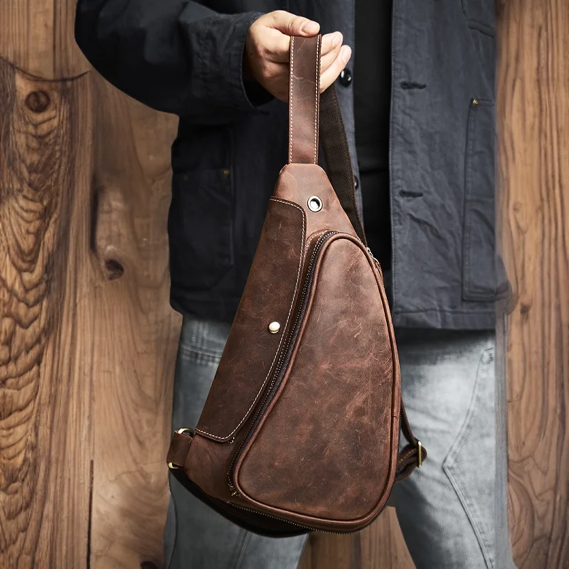 NUPUGOO – Echte Leder-Vintage-Brusttasche für Herren, als Umhängetasche oder Schultertasche tragbar, hochwertiges Leder, multifunktionaler Reißverschluss für 9,7-Zoll-Geräte. – Detail 8