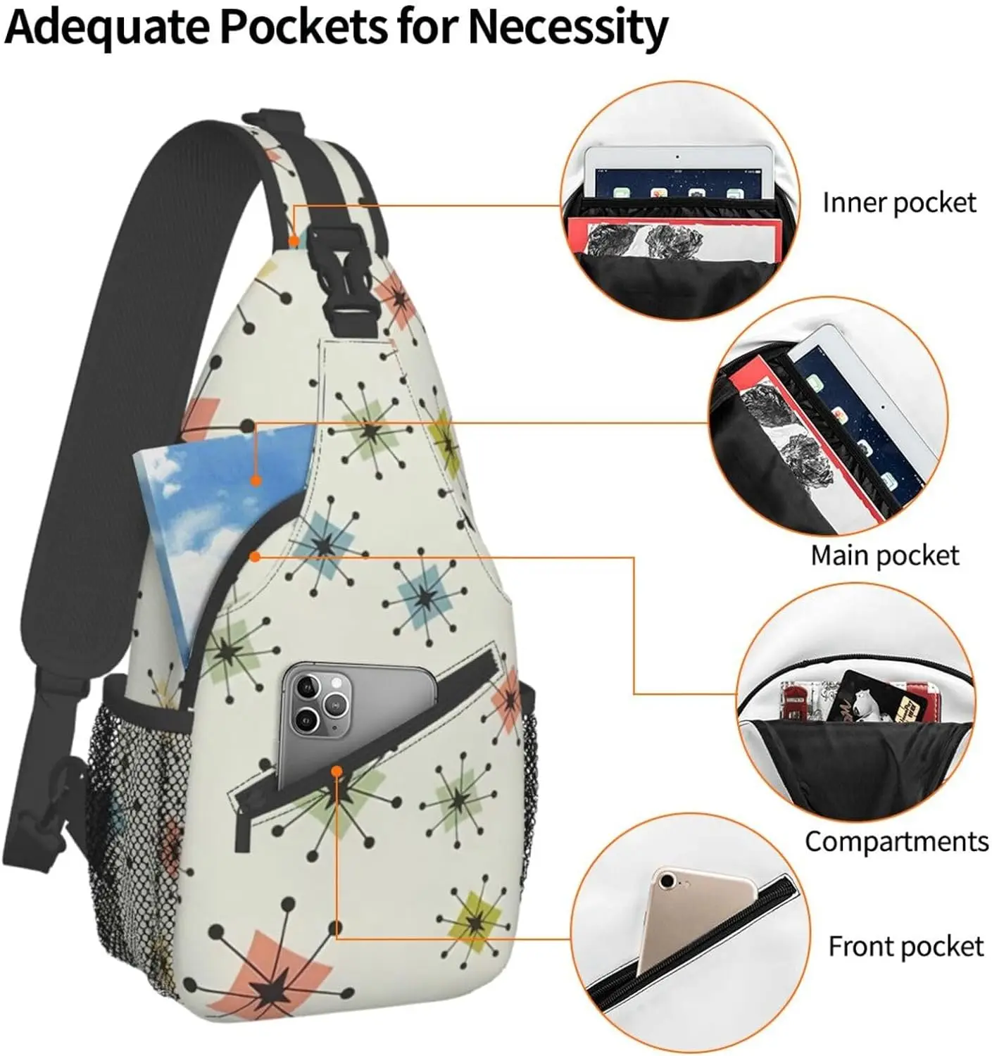 Absctract Paquete de pecho oblicuo con patrón geométrico, mochila de ocio, Satchel pequeño, para viajes, trabajo, viajes diarios