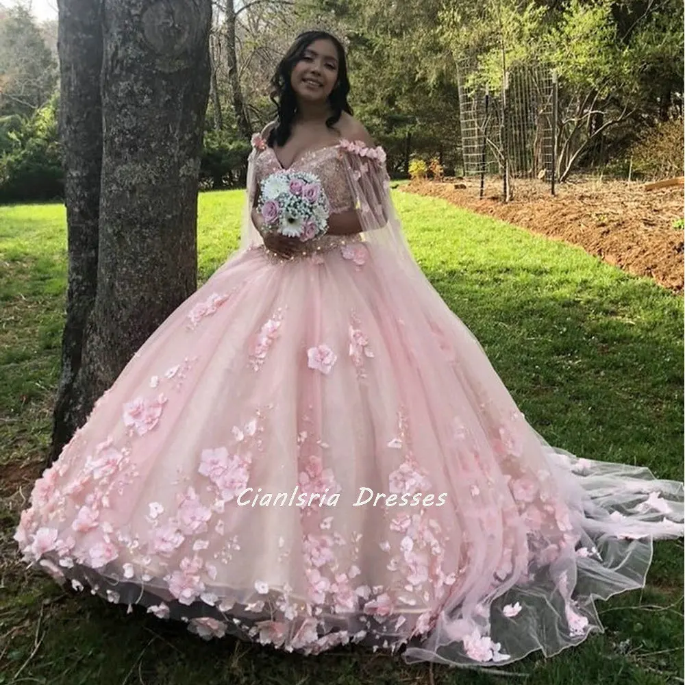 Vestido de quinceañera rosa con flores 3D, faja con lazo, vestido de quinceañera, manga larga, perlas, apliques florales, corsé de encaje, fiesta para 15 niñas