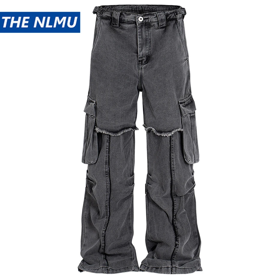 

Hi Street Black Jeans Side Pockets Patchwork Cargo Denim Pants Men Streetwear Hip Hop Baggy Jeans Trousers Loose Straight Jeans