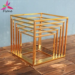 Cube Wedding Stand Shiny Gold Silver Plated Backdrop Decoration Square Frame Road Lead Metal Iron Flower Stand Cake Table