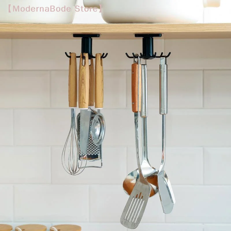 Adhesive Under Cabinet Kitchen Utensil Hanger With 360 Rotation 6 Hooks For Home Kitchen Utensil Storage