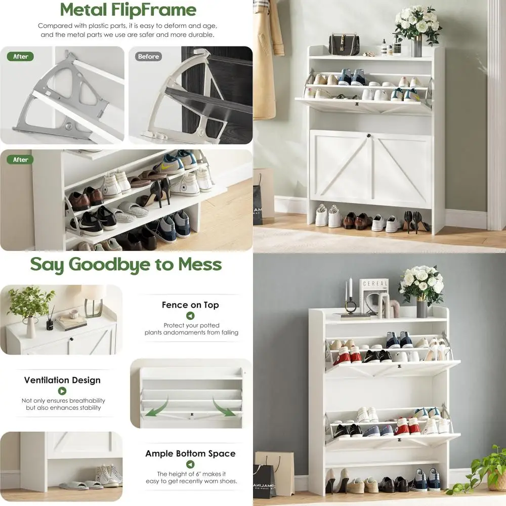 

Freestanding Narrow Shoe Cabinet Organizer with Metal Frame for Entryway, White