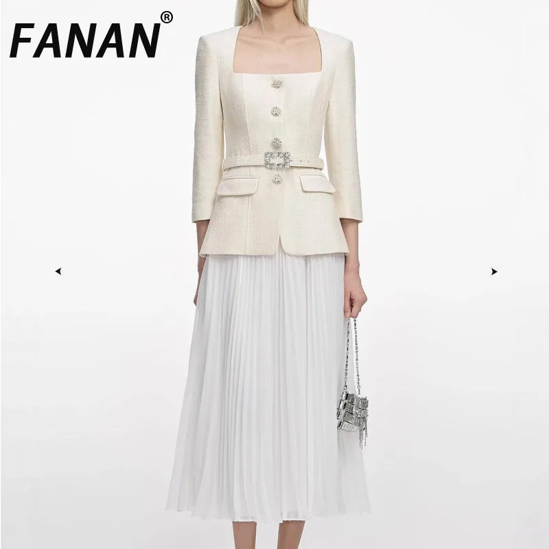 

Элегантное платье FANAN с сетчатыми вставками для женщин, с квадратным вырезом, поясом и сборками на талии, длинное, весна 2026, новинка