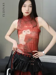Yedinas Gothic Red Mesh Tops Ptint Tank Top Sleeveless Graphic Tees See Through Y2k Spandex Turtleneck Summer Top Feminino Chic